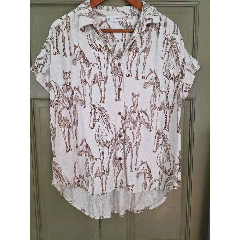 Jane + Delancey Womens XL Horse Print Linen Blend Button Down Shirt Cream Brown